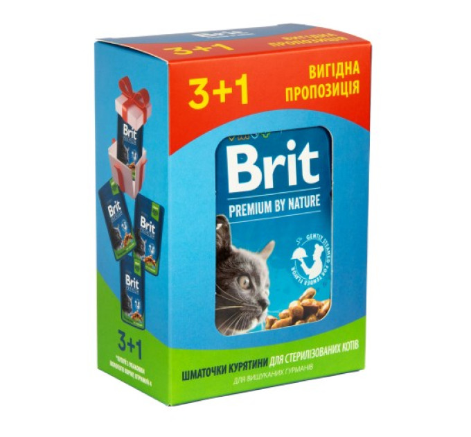 Набір паучів 3+1 Brit Premium для стерилізованих котів курка 4х100г