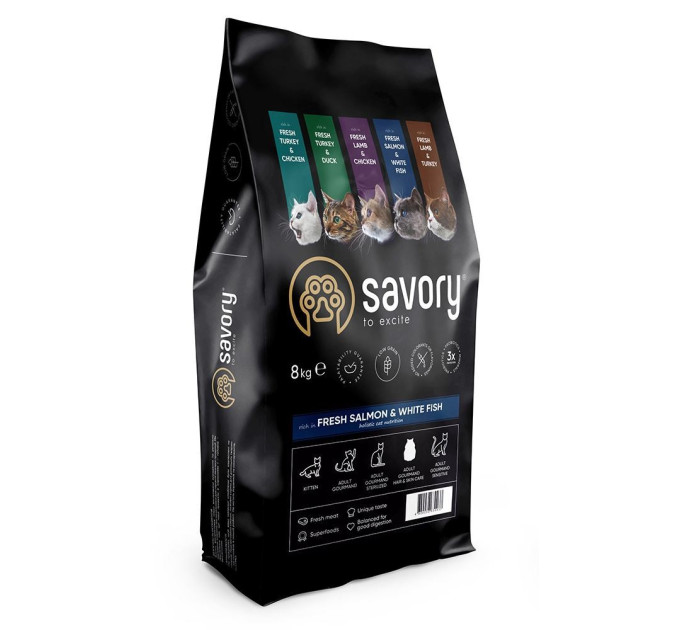 Корм Savory сухий для довгошерстих котів зі свіжим лососем і білою рибою 8кг арт.30037