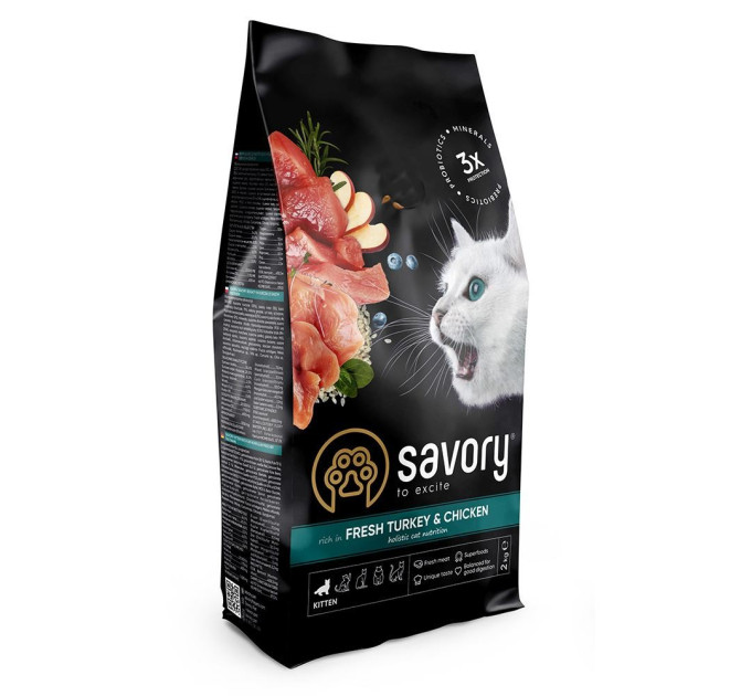 Корм Savory сухий для кошенят всіх порід зі свіжою індичкою та куркою 2кг арт.30143