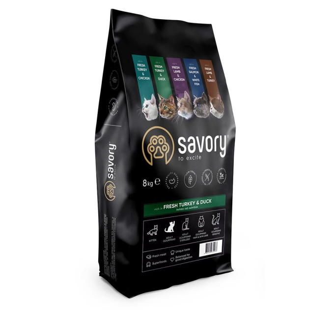 Корм Savory сухий для котів гурманів зі свіжою індичкою та качкою 8кг, арт.30068