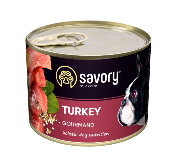 Корм SAVORY вологий повнораціонний для дорослих собак усіх порід з індичкою 200г. 30501