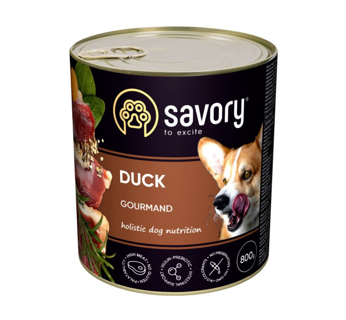 Корм SAVORY вологий повнораціонний для дорослих собак усіх порід з качкою 800 г. 30488
