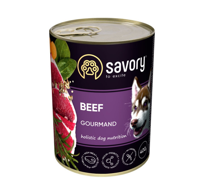 Корм SAVORY вологий повнораціонний для дорослих собак усіх порід з яловичиною 400г. арт.30433